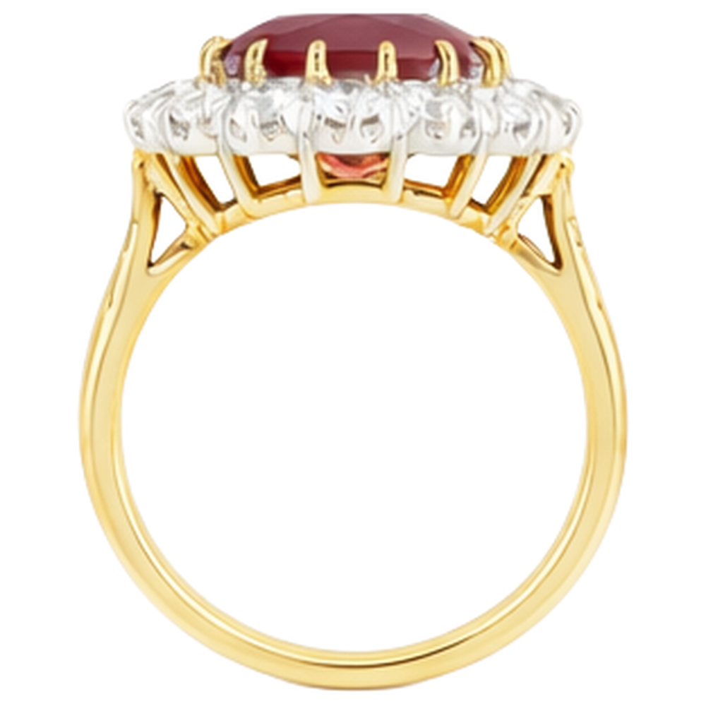 Anello con rubino ovale da 4,70 ct con diamanti in oro bicolore 14K
