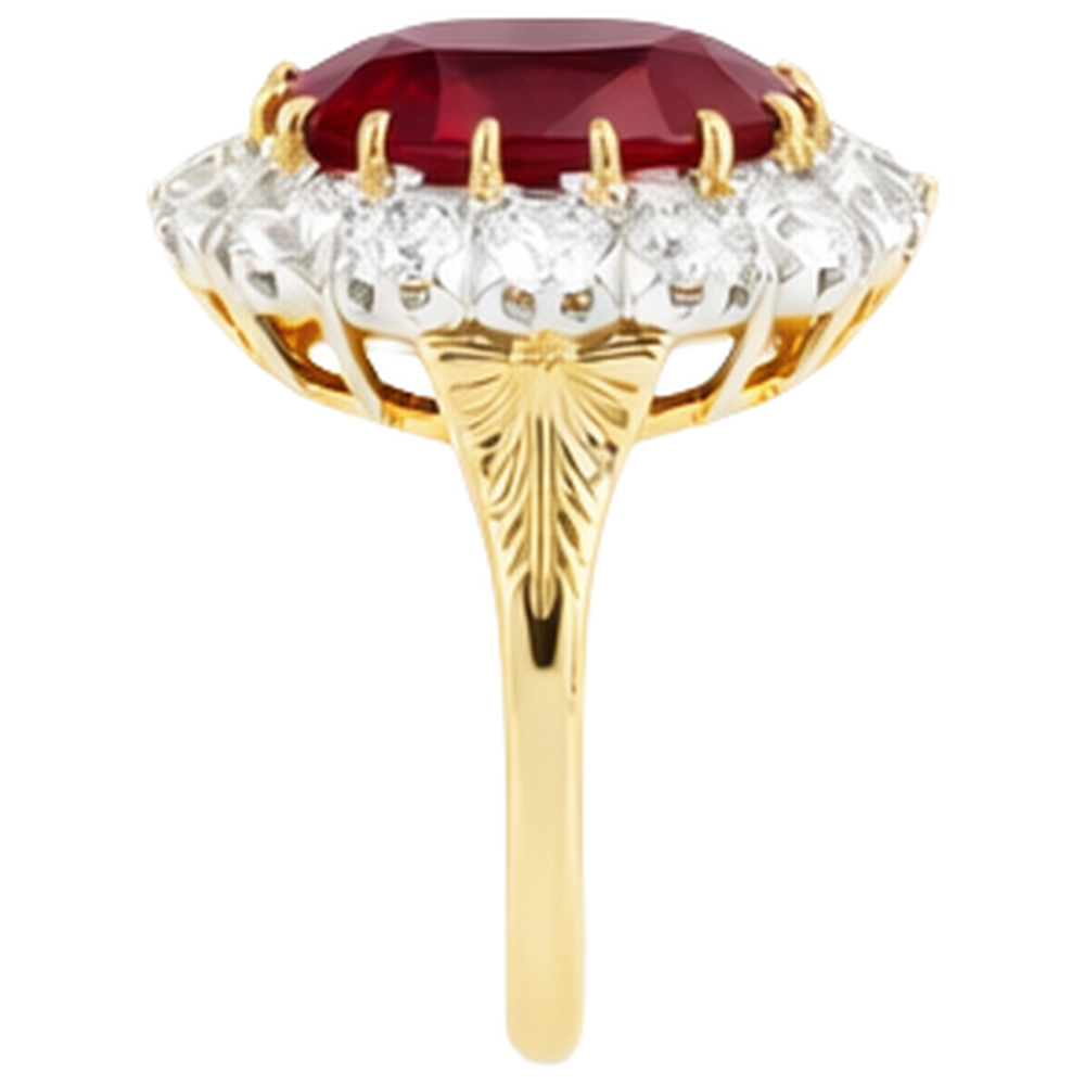 Anello con rubino ovale da 4,70 ct con diamanti in oro bicolore 14K