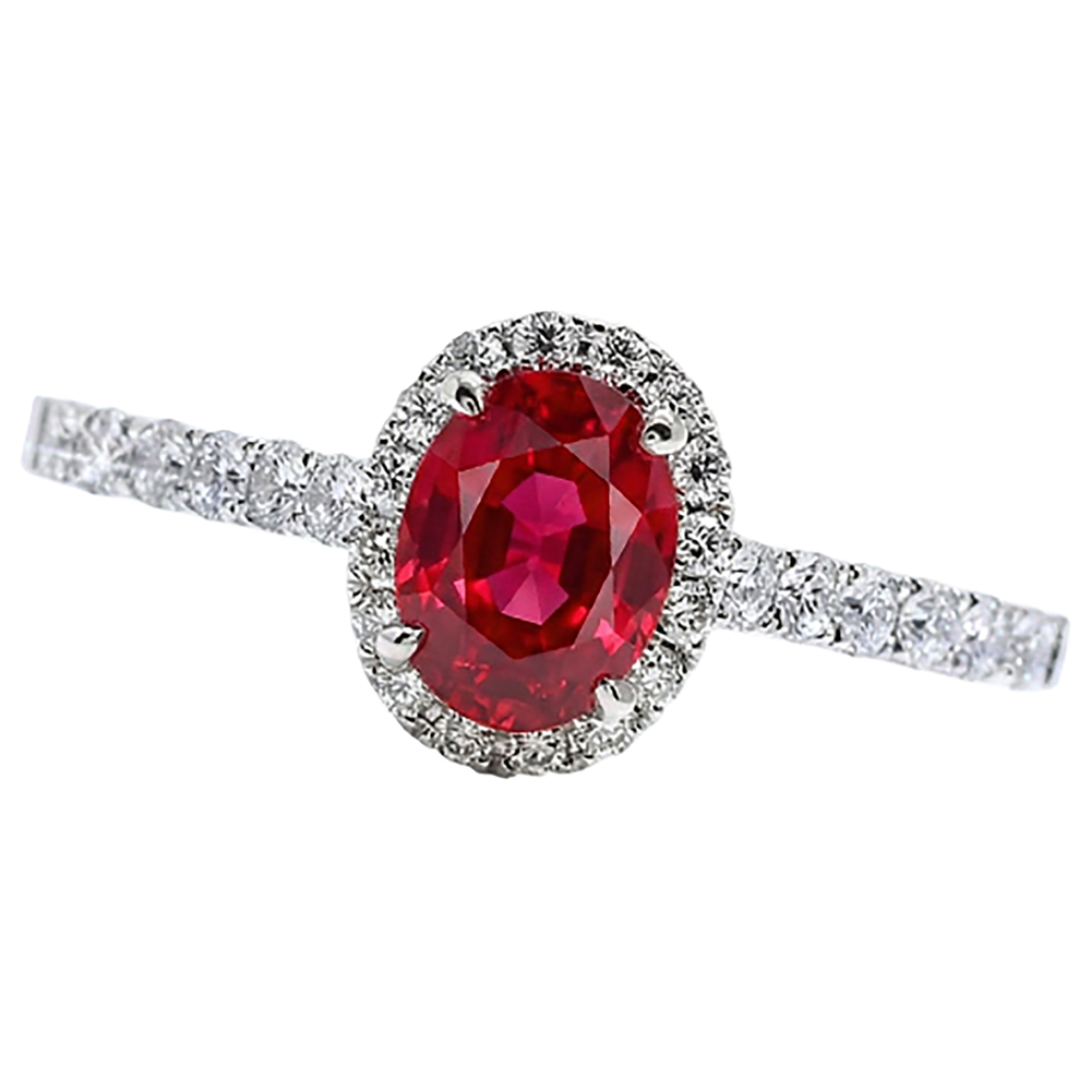 Anello con rubino ovale e diamante Lady Halo Jewelry Oro bianco 14K 3.70 ct.