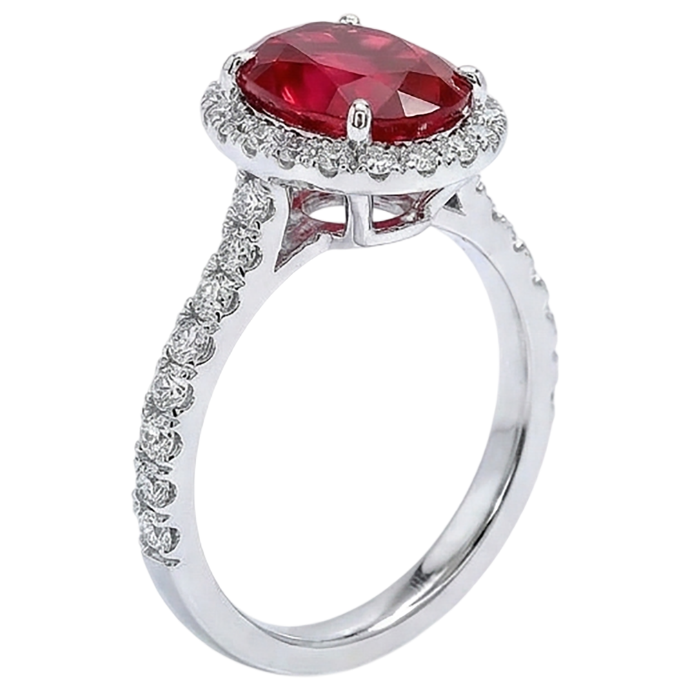 Anello con rubino ovale e diamante Lady Halo Jewelry Oro bianco 14K 3.70 ct.