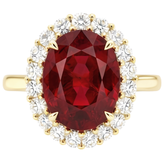 Anello con rubino rosso taglio ovale e diamante rotondo. oro 5.35 carati 14K