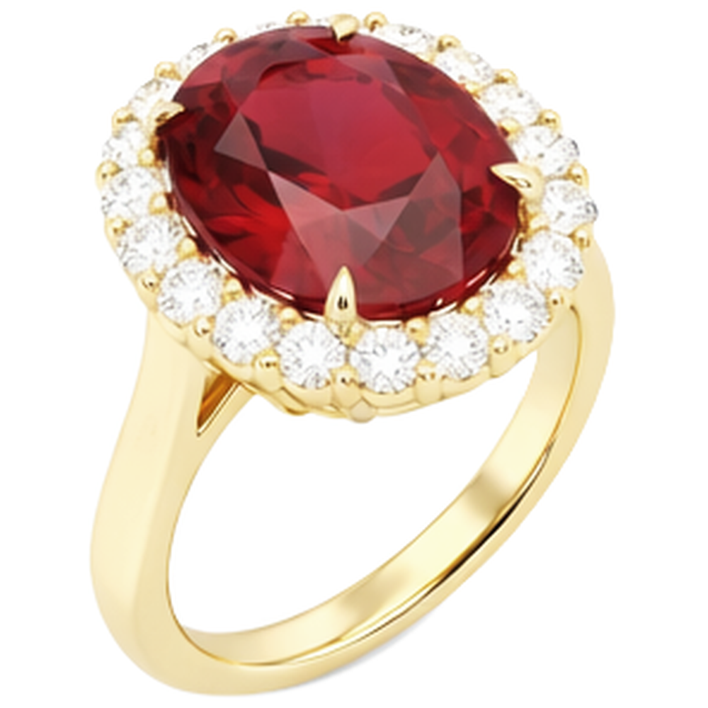 Anello con rubino rosso taglio ovale e diamante rotondo. oro 5.35 carati 14K