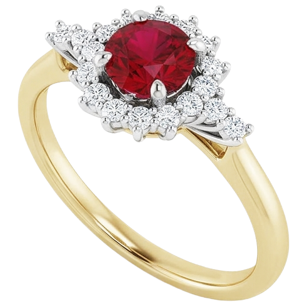 Anello con rubino rotondo con diamanti. stile Halo. oro 14K. 1.50 carati