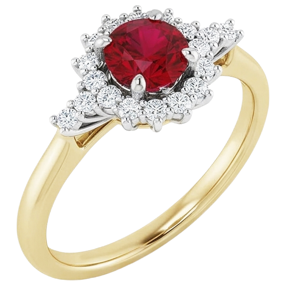 Anello con rubino rotondo con diamanti. stile Halo. oro 14K. 1.50 carati