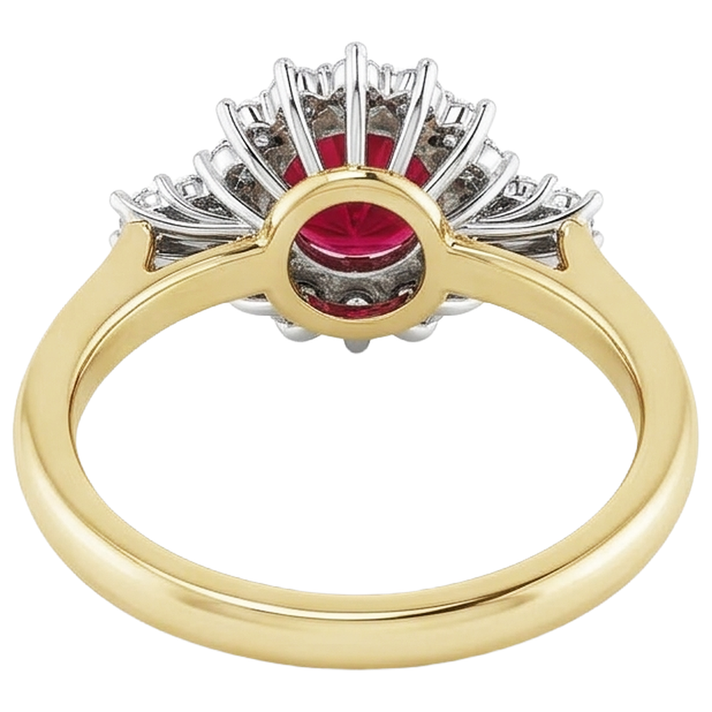 Anello con rubino rotondo con diamanti. stile Halo. oro 14K. 1.50 carati