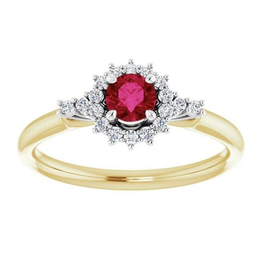 Anello con rubino rotondo con diamanti. stile Halo. oro 14 carati. 1.50 carati - harrychadent.it