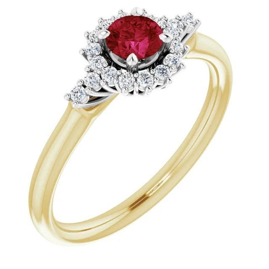 Anello con rubino rotondo con diamanti. stile Halo. oro 14 carati. 1.50 carati - harrychadent.it