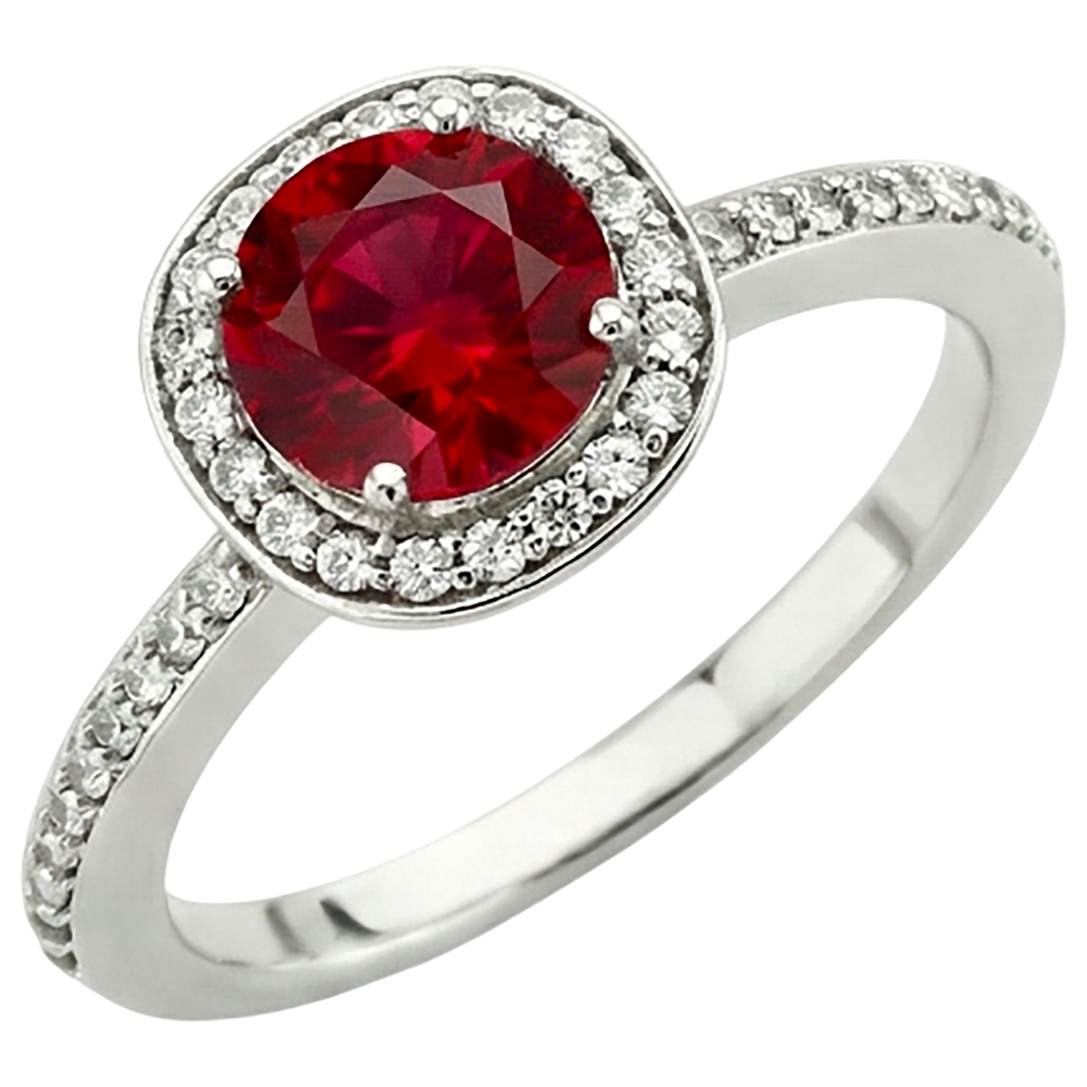 Anello con rubino rotondo rosso e bianco da 2.50 carati. gioielli in oro bianco 14K