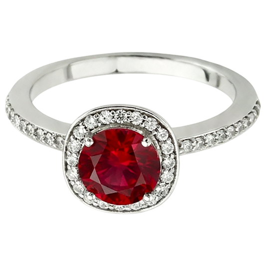 Anello con rubino rotondo rosso e bianco da 2.50 carati. gioielli in oro bianco 14K