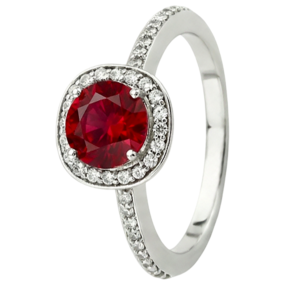Anello con rubino rotondo rosso e bianco da 2.50 carati. gioielli in oro bianco 14K