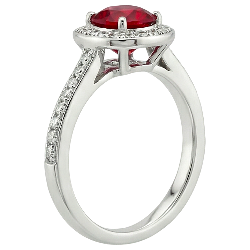 Anello con rubino rotondo rosso e bianco da 2.50 carati. gioielli in oro bianco 14K
