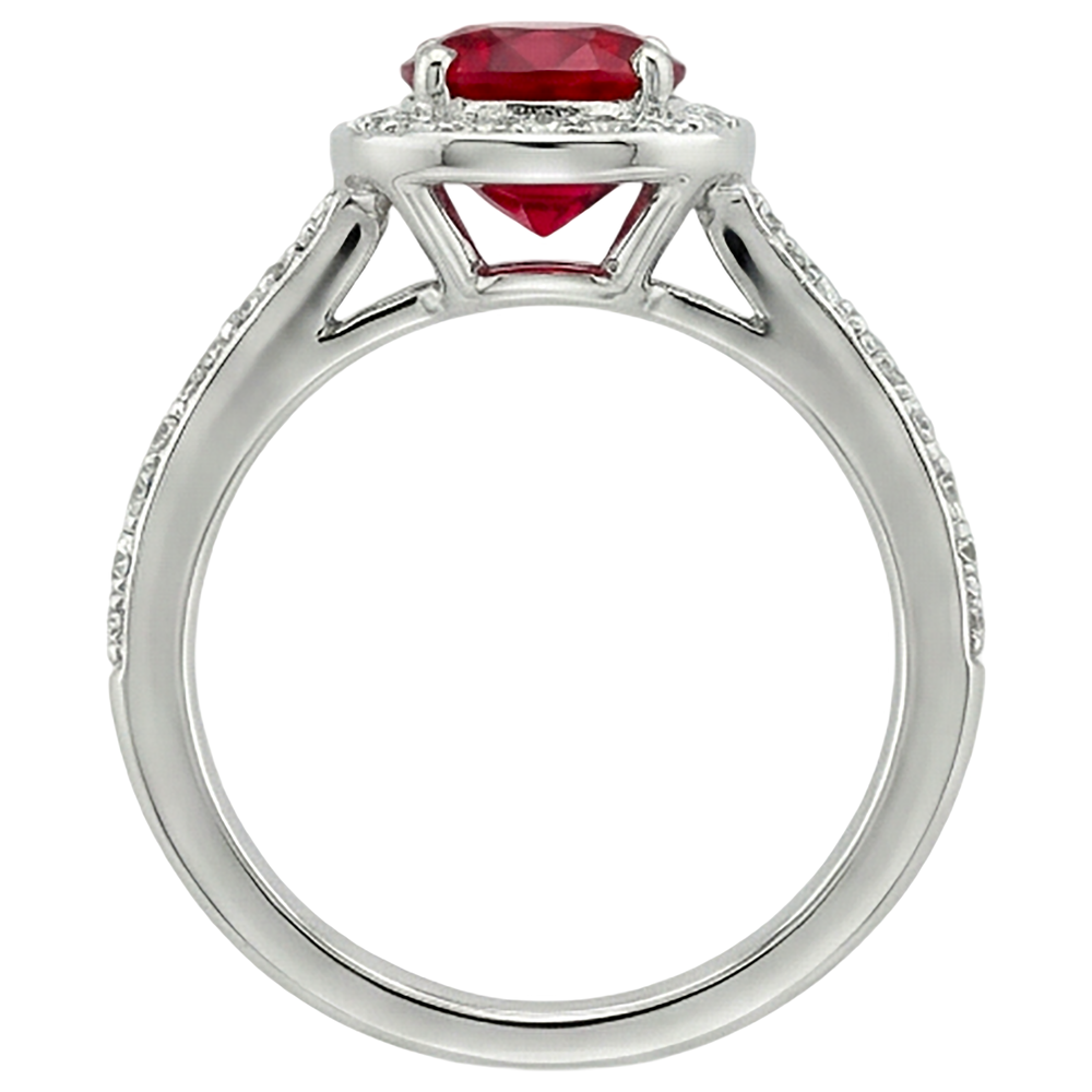 Anello con rubino rotondo rosso e bianco da 2.50 carati. gioielli in oro bianco 14K