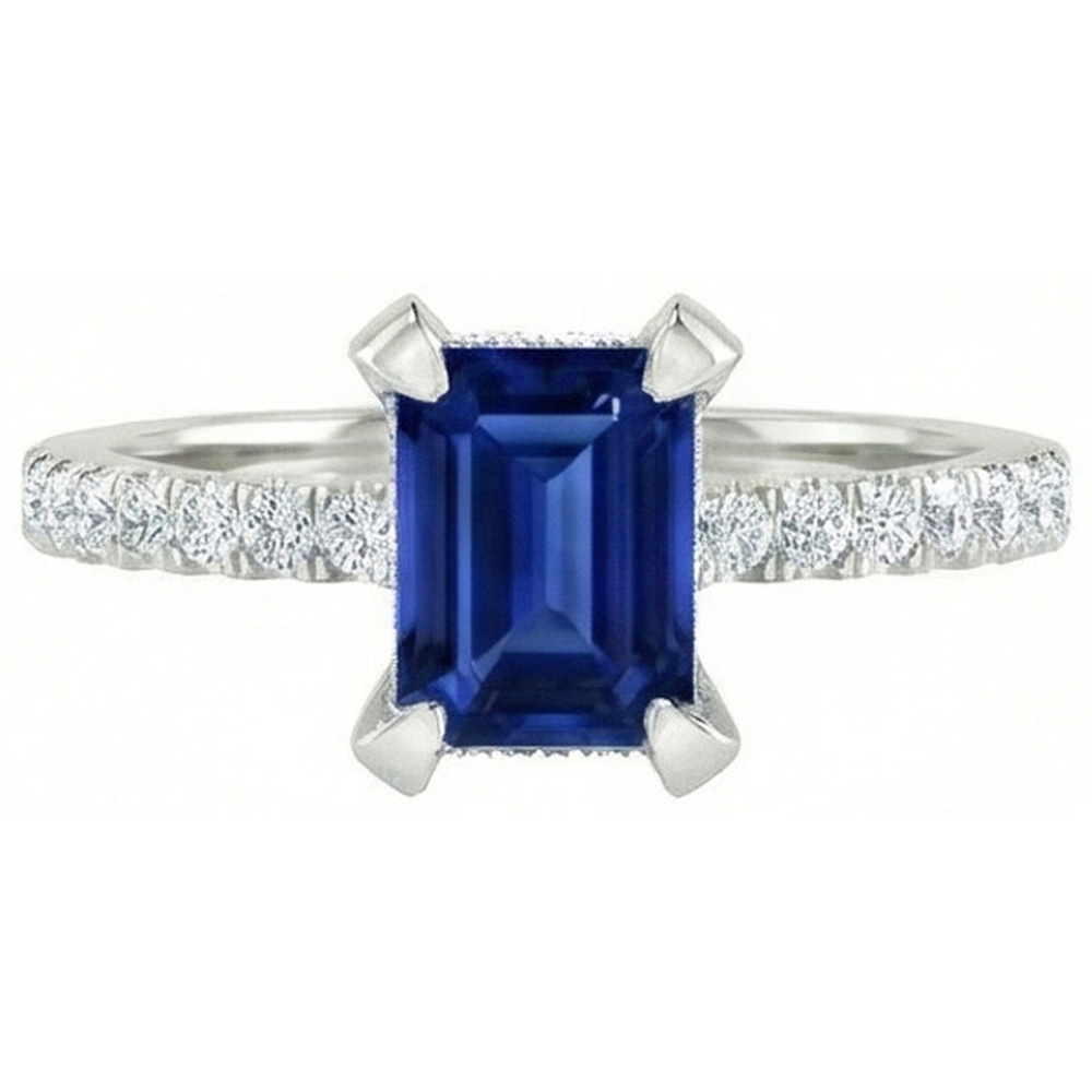 Anello con smeraldo 3 carati incastonato e zaffiro di Ceylon tondo con diamanti in oro bianco 14K