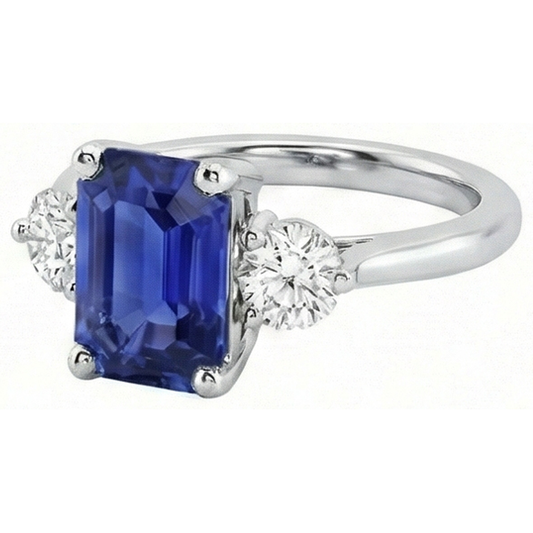 Anello con smeraldo e zaffiro blu naturale con 3 pietre e diamanti 3 carati