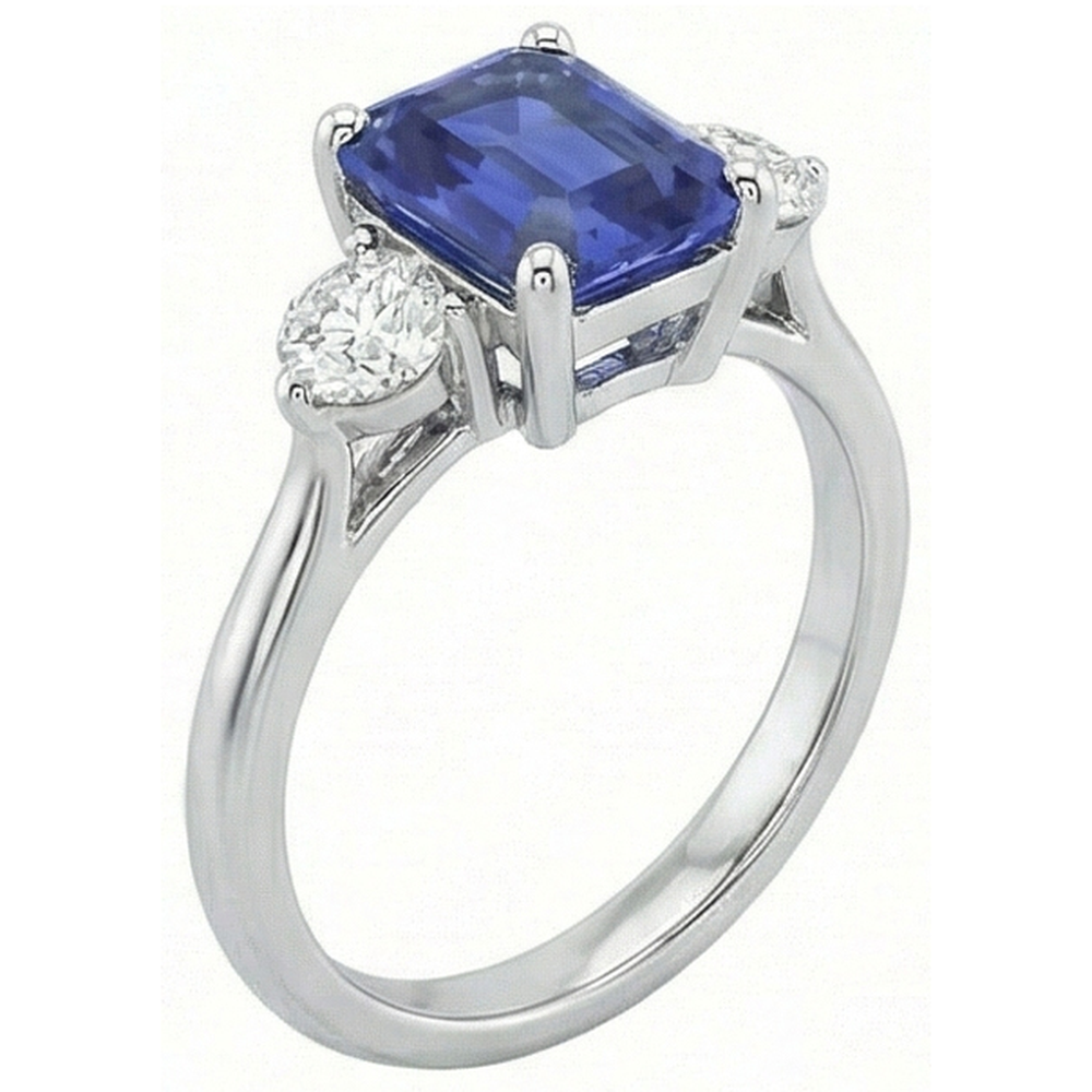 Anello con smeraldo e zaffiro blu naturale con 3 pietre e diamanti 3 carati
