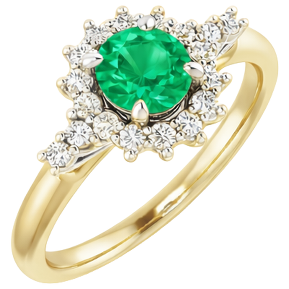 Anello con smeraldo verde rotondo con diamante da 1.50 carati oro bicolore 14K