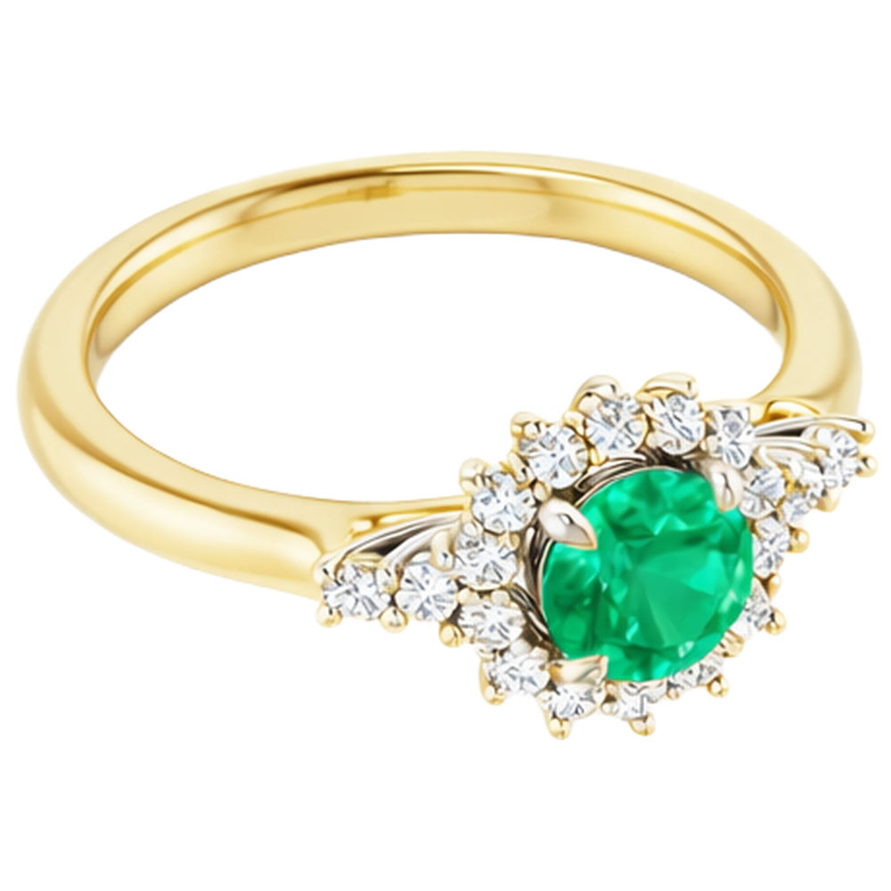Anello con smeraldo verde rotondo con diamante da 1.50 carati oro bicolore 14K