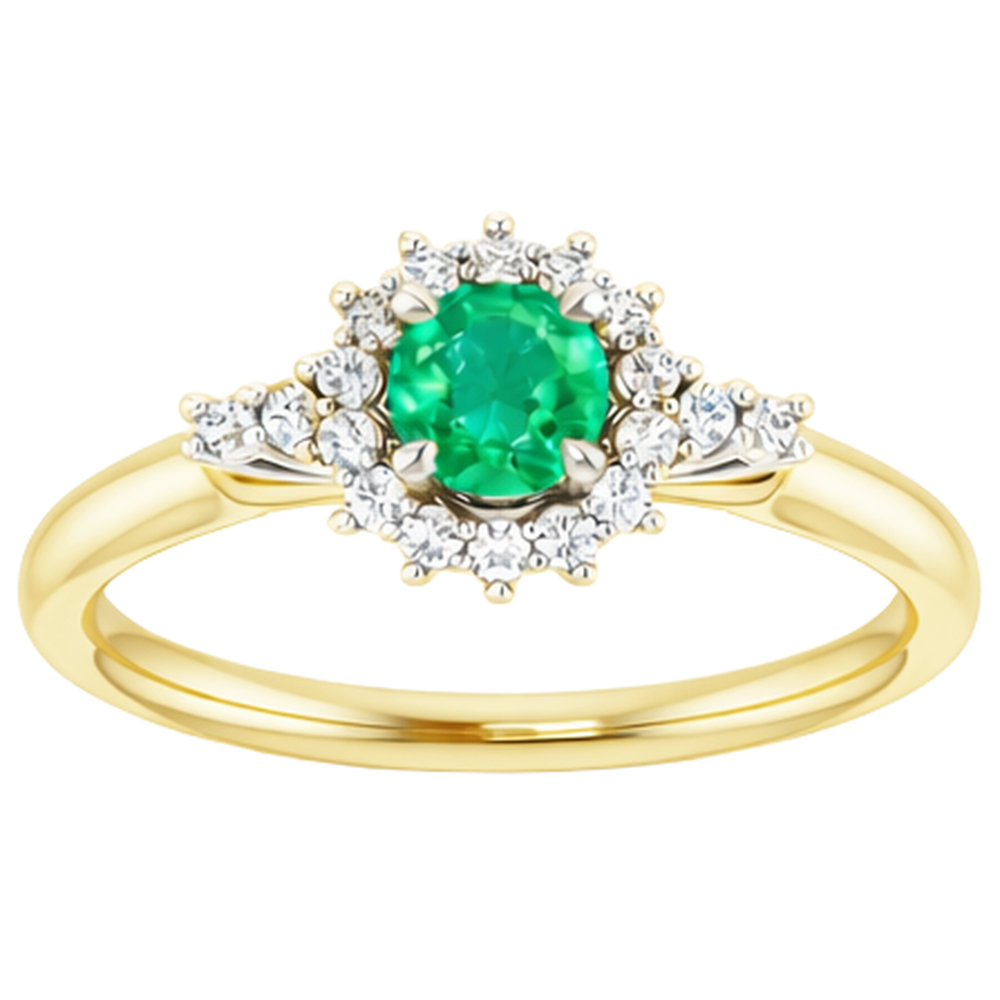 Anello con smeraldo verde rotondo con diamante da 1.50 carati oro bicolore 14K