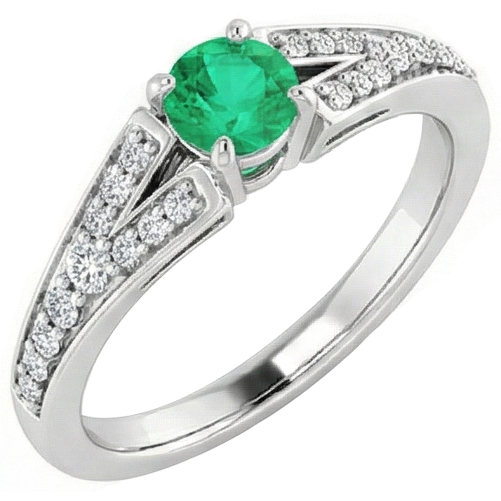 Anello con smeraldo verde rotondo con gambo diviso 1.75 carati in oro bianco 14K