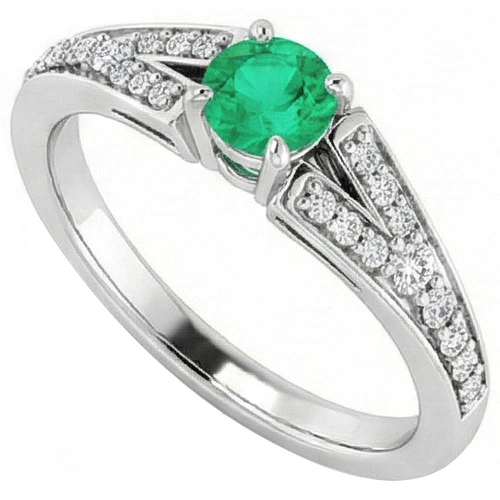 Anello con smeraldo verde rotondo con gambo diviso 1.75 carati in oro bianco 14K