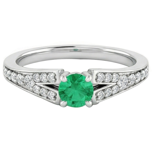 Anello con smeraldo verde rotondo con gambo diviso 1.75 carati in oro bianco 14K