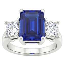 Anello con smeraldo zaffiro Ceylon 3,05 carati e diamanti tre pietre in oro bianco 14K
