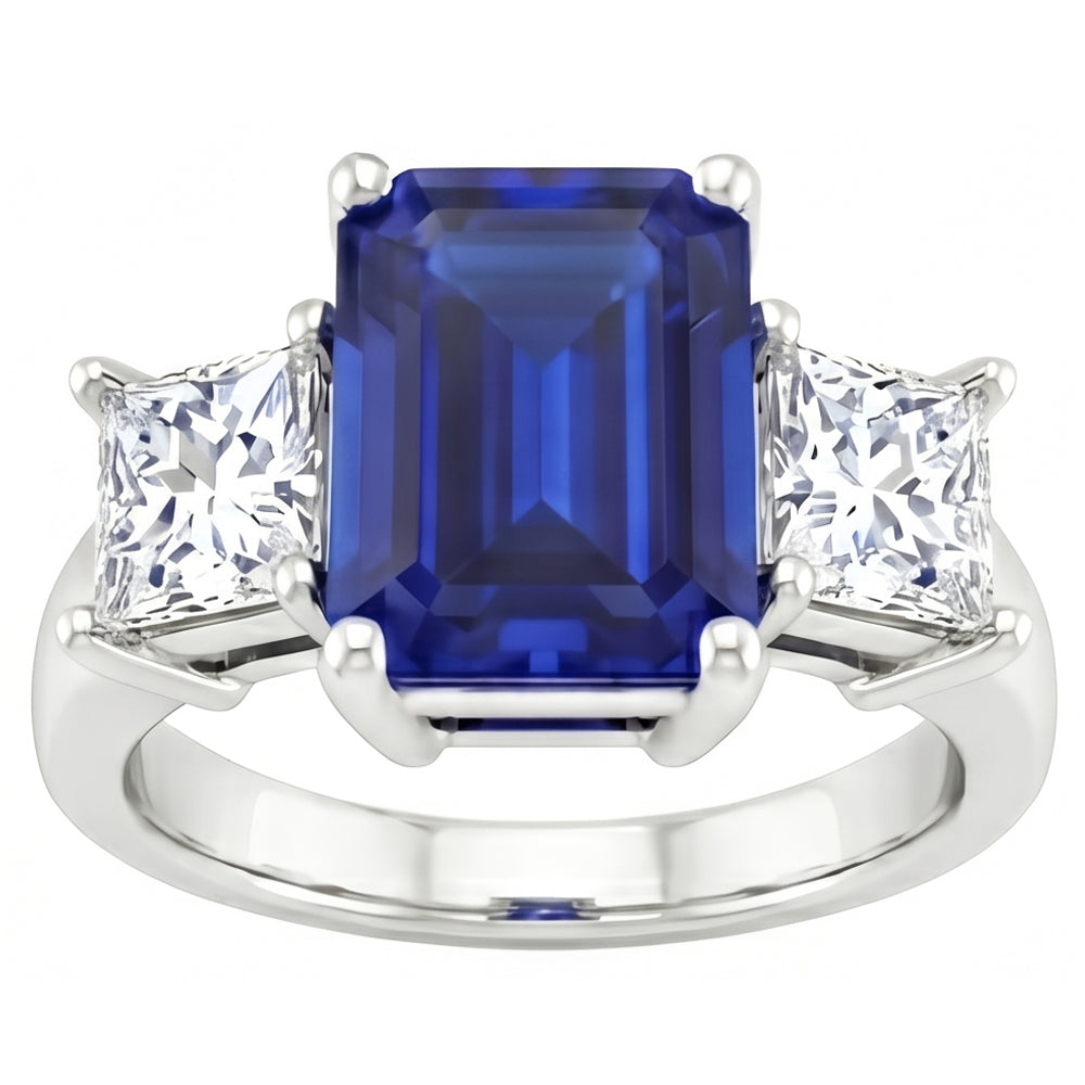 Anello con smeraldo zaffiro Ceylon 3,05 carati e diamanti tre pietre in oro bianco 14K