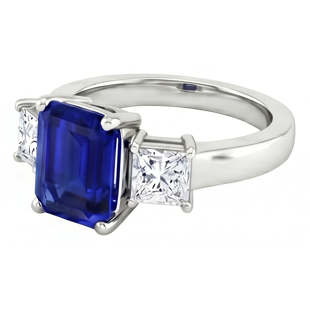 Anello con smeraldo zaffiro Ceylon 3,05 carati e diamanti tre pietre in oro bianco 14K