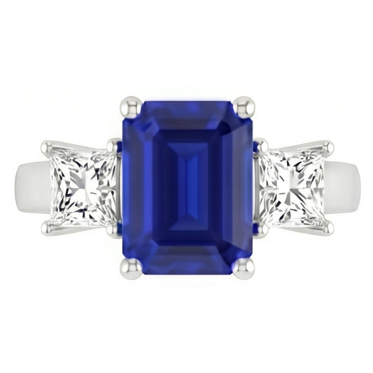 Anello con smeraldo zaffiro Ceylon 3,05 carati e diamanti tre pietre in oro bianco 14K
