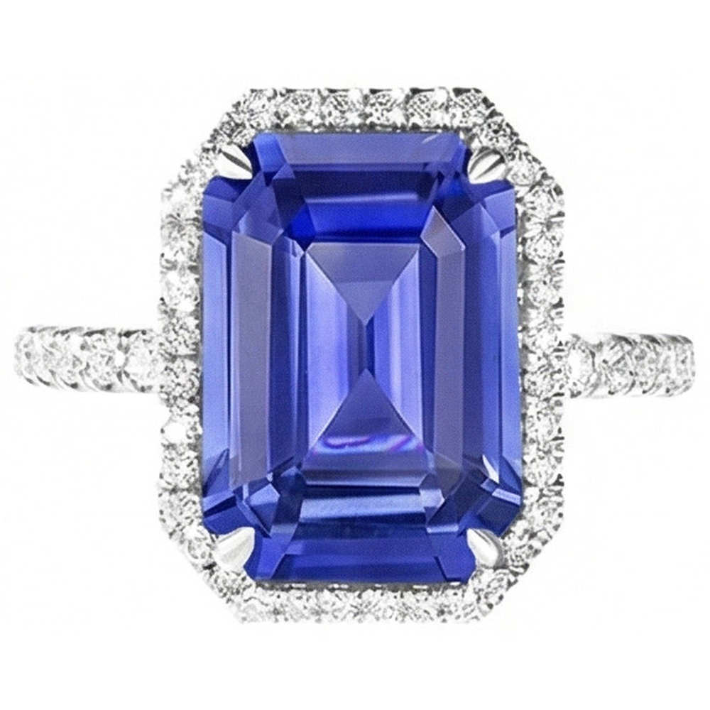 Anello con taglio a smeraldo con alone blu zaffiro 5.50 carati gioielli con diamanti