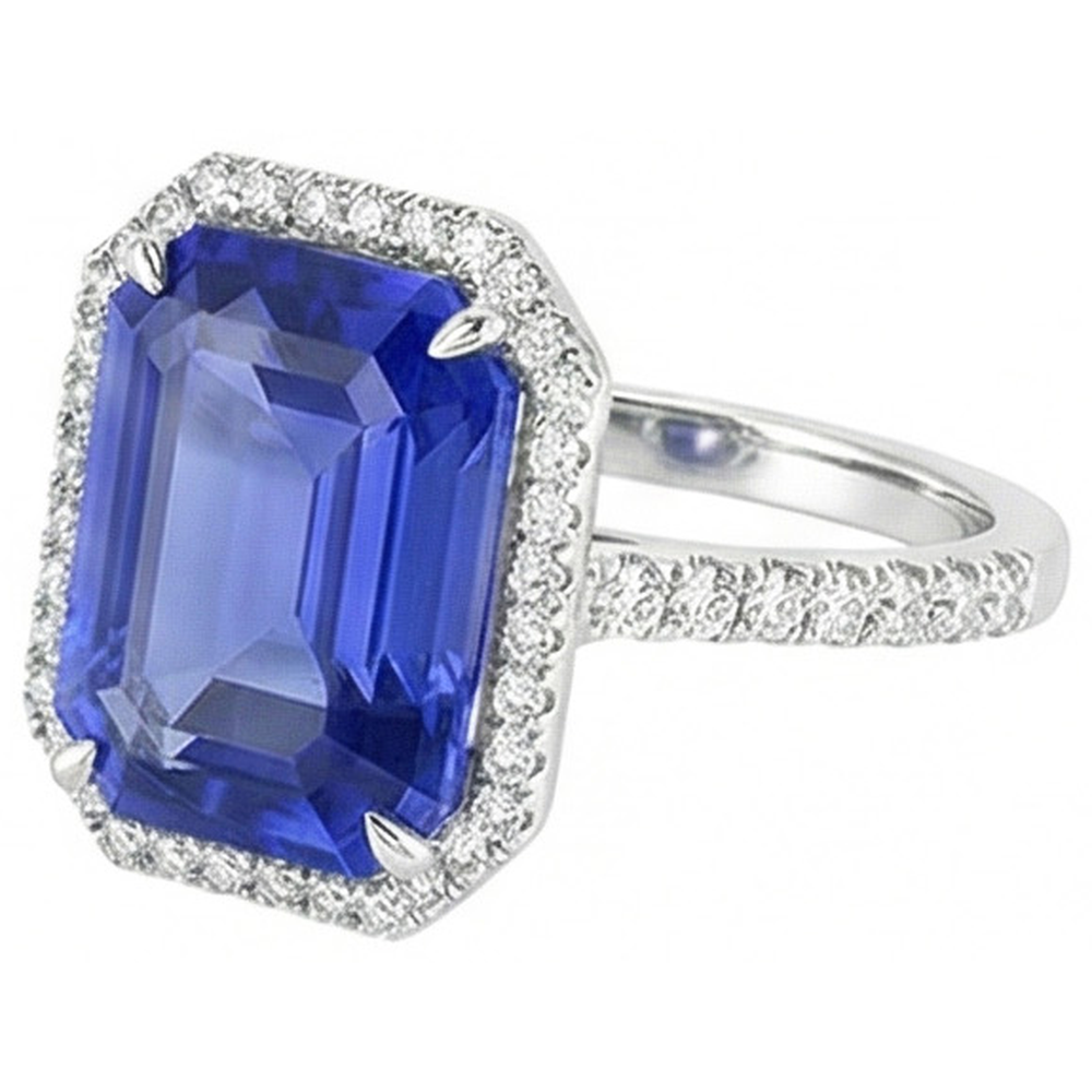 Anello con taglio a smeraldo con alone blu zaffiro 5.50 carati gioielli con diamanti