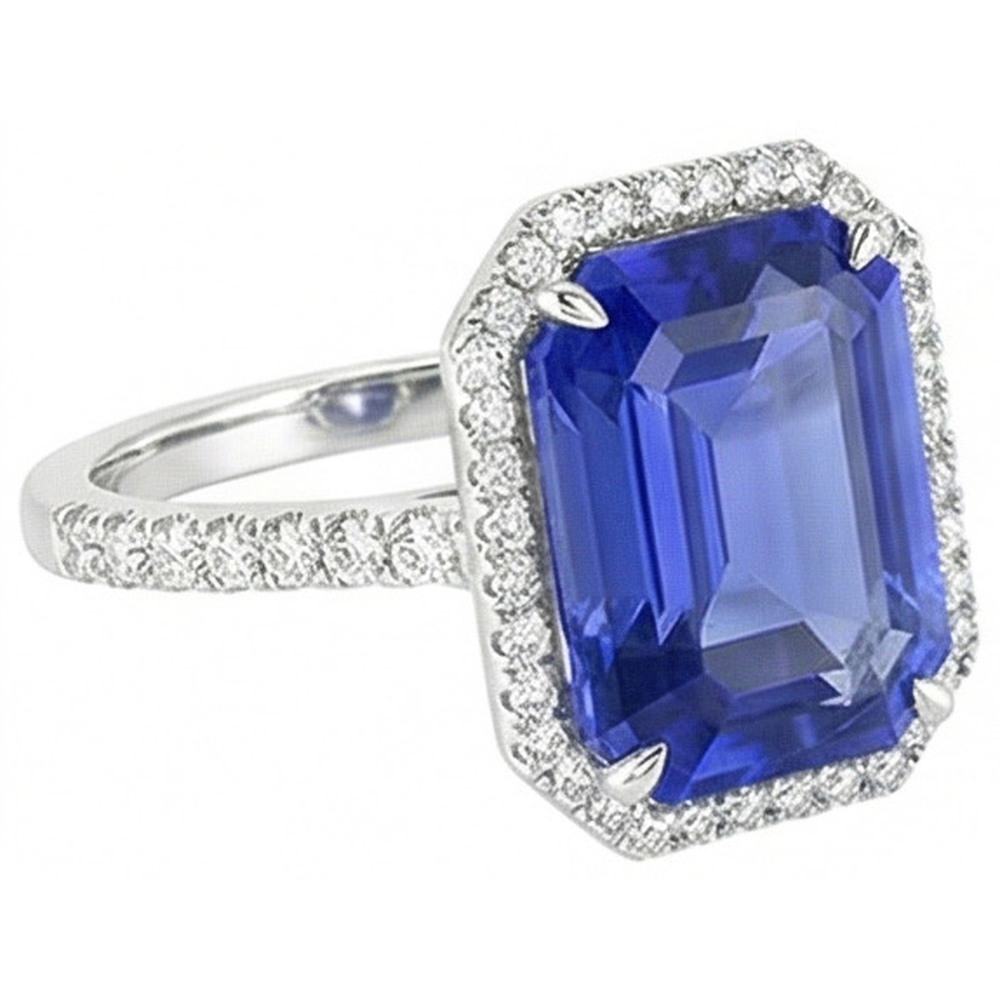 Anello con taglio a smeraldo con alone blu zaffiro 5.50 carati gioielli con diamanti