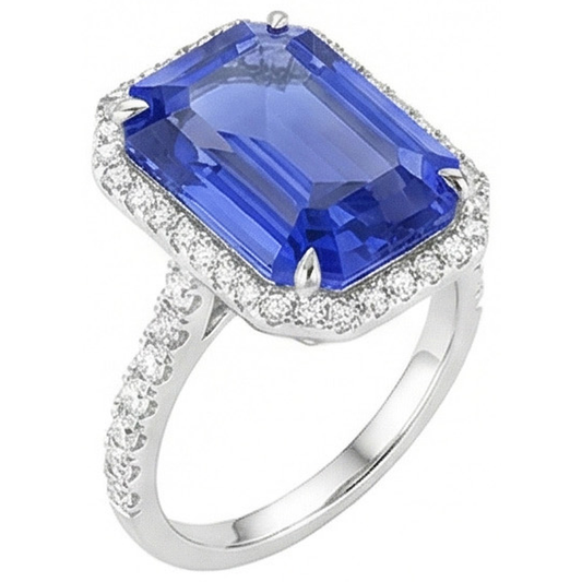 Anello con taglio a smeraldo con alone blu zaffiro 5.50 carati gioielli con diamanti