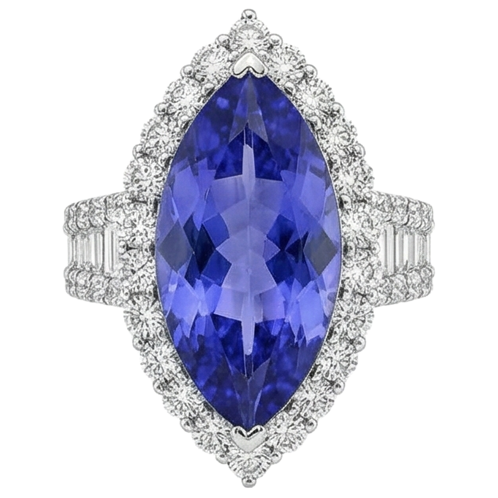 Anello con tanzanite marchesa e diamante da 17.25 ct in oro bianco 14K