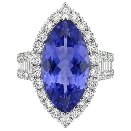 Anello con tanzanite marchesa e diamante da 17.25 ct in oro bianco 14K