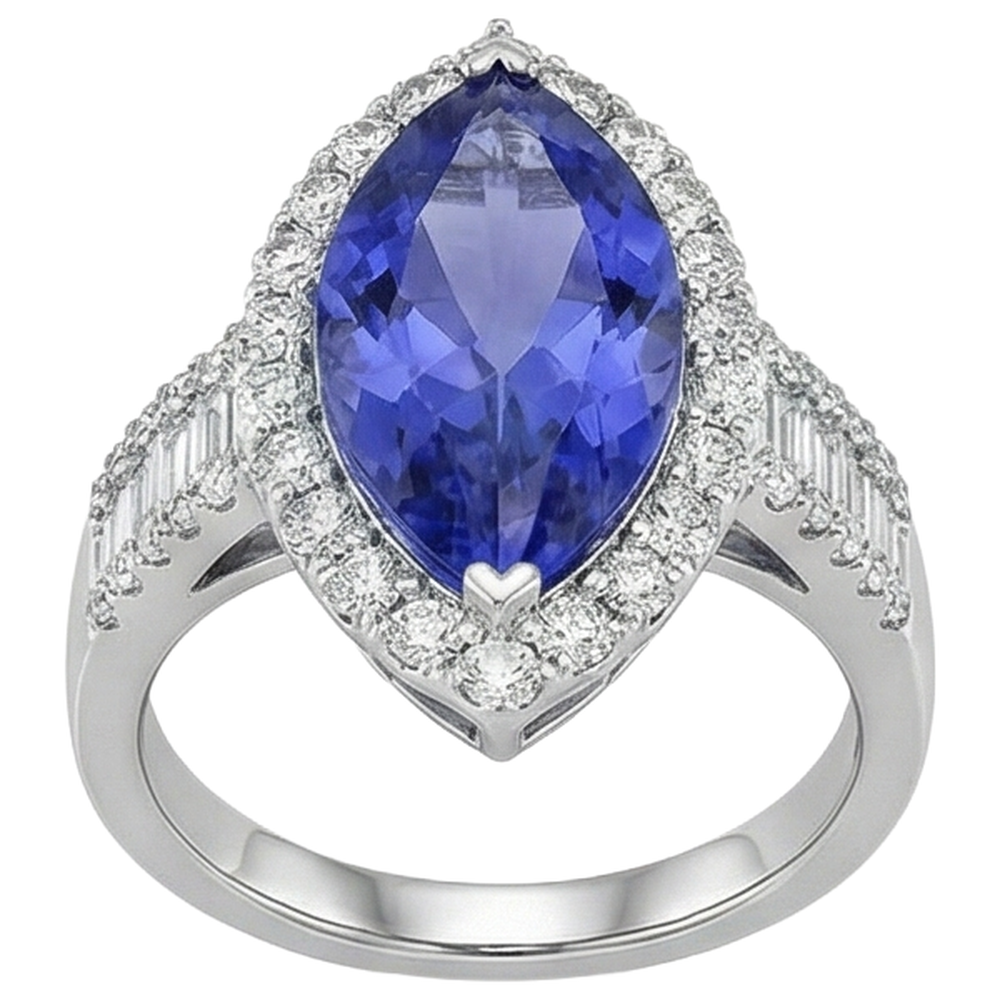 Anello con tanzanite marchesa e diamante da 17.25 ct in oro bianco 14K