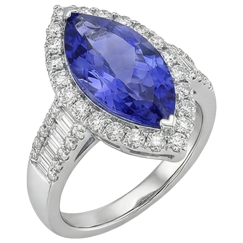 Anello con tanzanite marchesa e diamante da 17.25 ct in oro bianco 14K