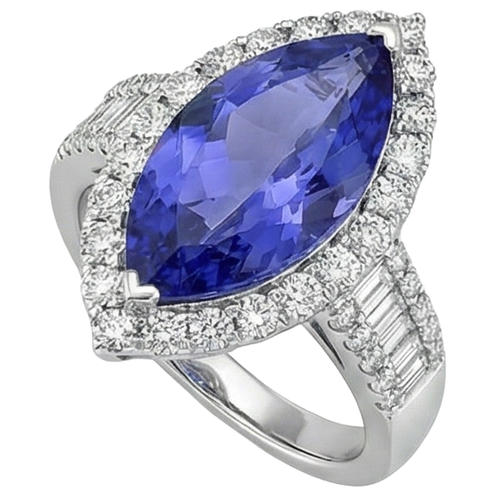 Anello con tanzanite marchesa e diamante da 17.25 ct in oro bianco 14K