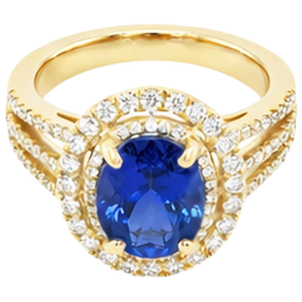 Anello con tanzanite ovale blu e diamante in oro giallo da 6 carati 14 carati