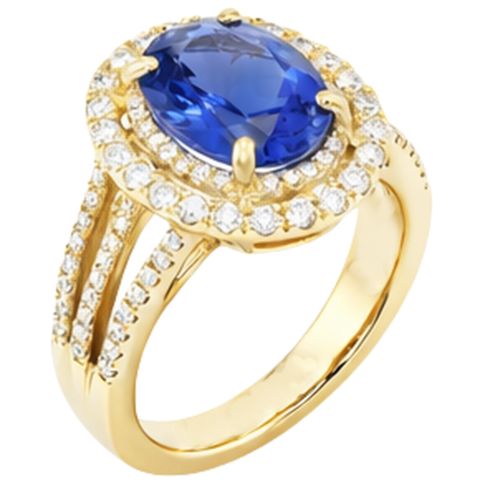 Anello con tanzanite ovale blu e diamante in oro giallo da 6 carati 14 carati