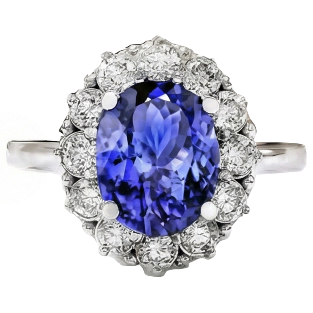 Anello con tanzanite ovale da 10 ct e diamanti incastonati in oro bianco 14 carati