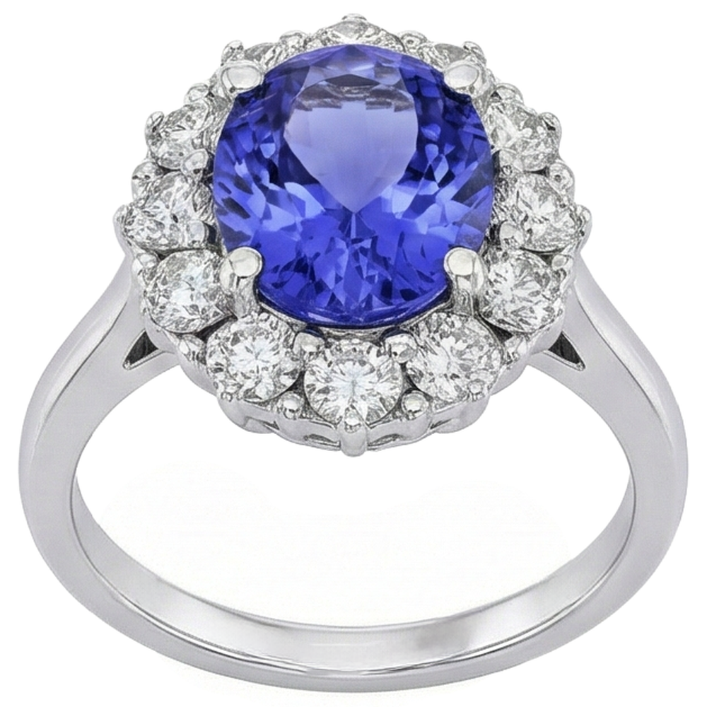 Anello con tanzanite ovale da 10 ct e diamanti incastonati in oro bianco 14 carati