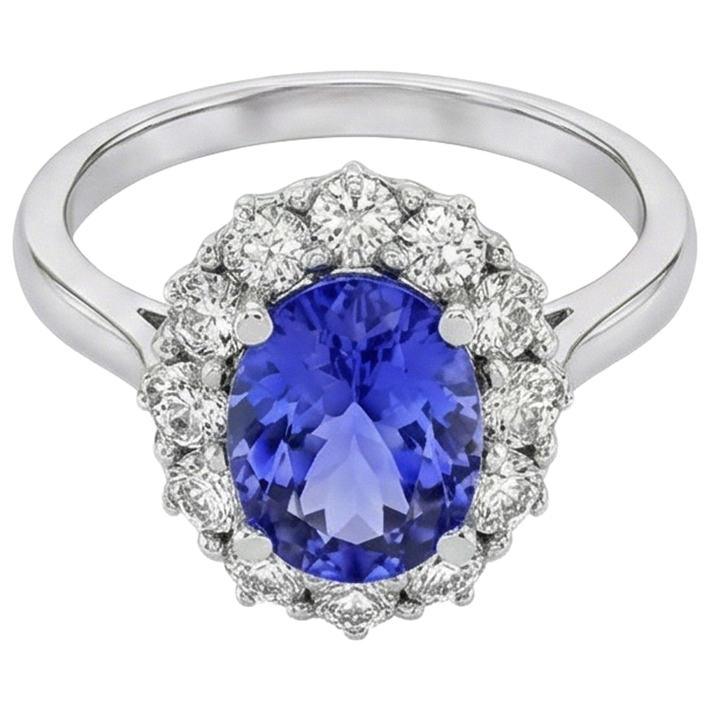 Anello con tanzanite ovale da 10 ct e diamanti incastonati in oro bianco 14 carati