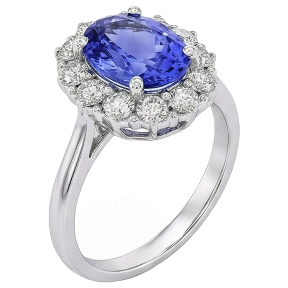Anello con tanzanite ovale da 10 ct e diamanti incastonati in oro bianco 14 carati