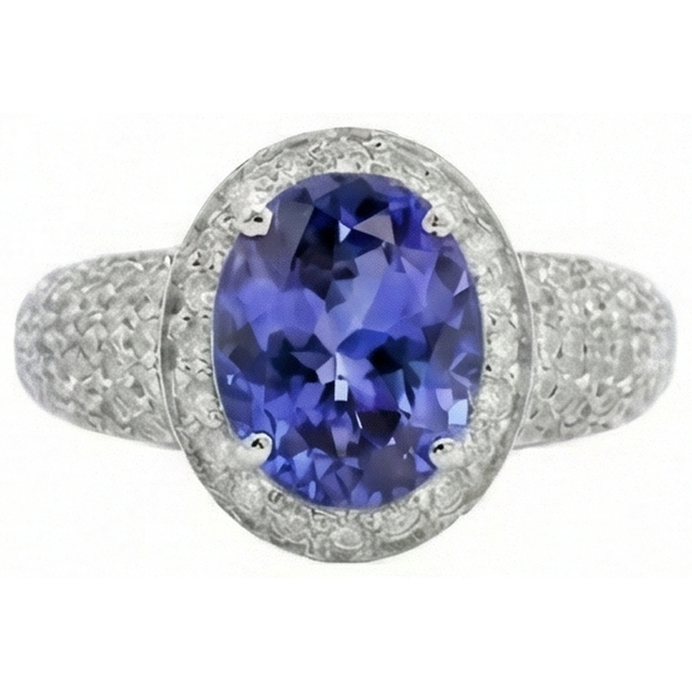 Anello con tanzanite ovale e diamanti 7 carati pavé d'oro bianco 14K