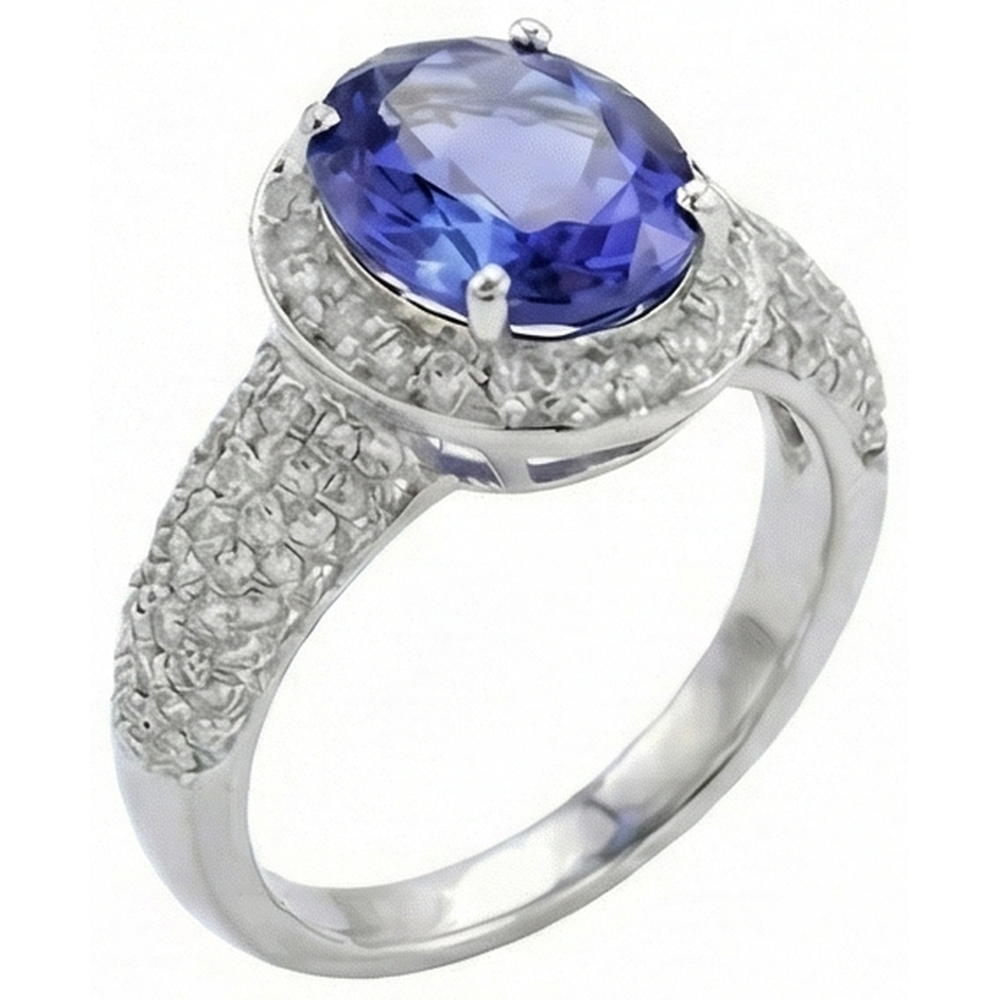 Anello con tanzanite ovale e diamanti 7 carati pavé d'oro bianco 14K