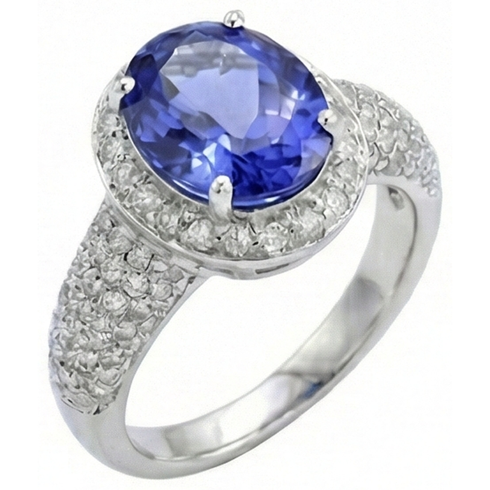 Anello con tanzanite ovale e diamanti 7 carati pavé d'oro bianco 14K