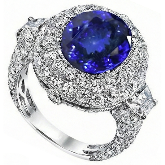 Anello con tanzanite ovale e diamanti da 6,01 ct in oro bianco 14K