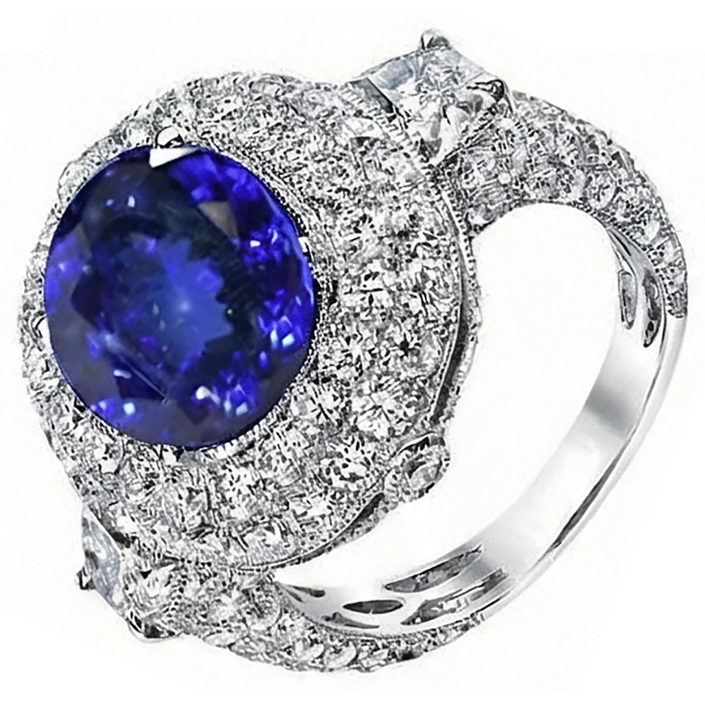 Anello con tanzanite ovale e diamanti da 6,01 ct in oro bianco 14K