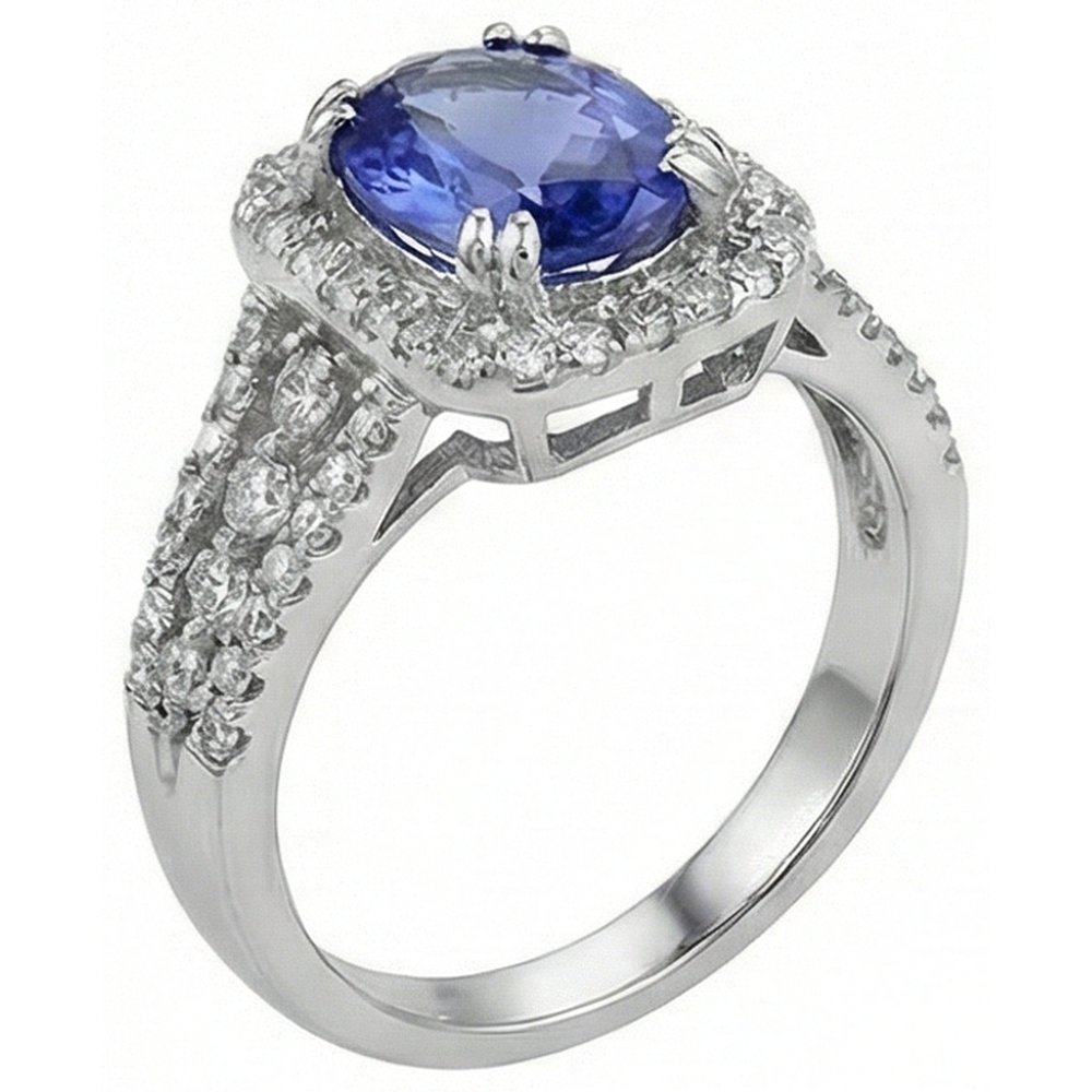 Anello con tanzanite ovale e pavé di diamanti 5.70 carati WG 14K